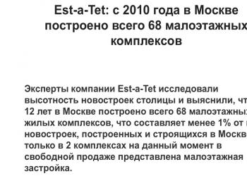 Est-a-Tet: с 2010 года в Москве построено всего 68 малоэтажных комплексов